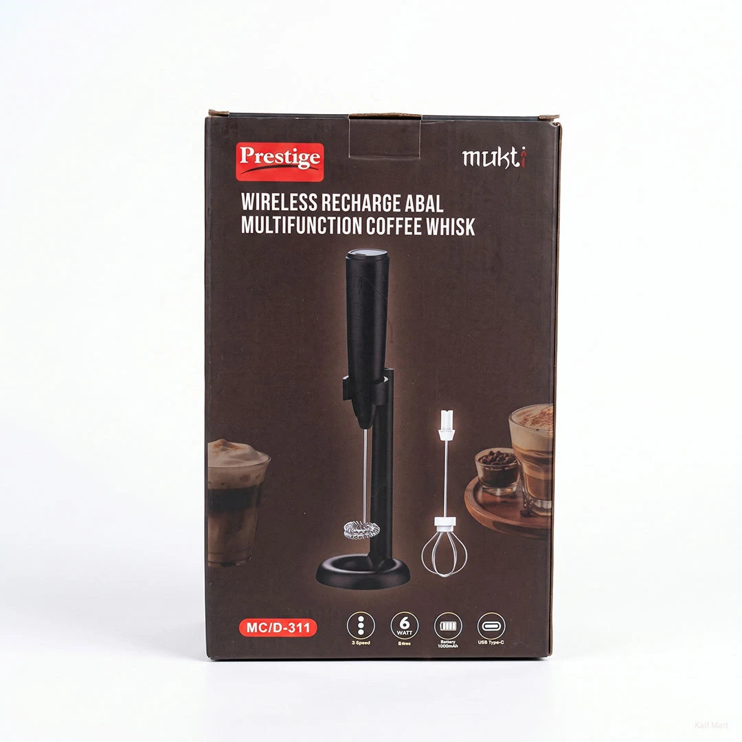 Prestige Mukti Rechargeable Coffee Whisk & Handheld Milk Frother | 3-Speed Electric Mixer with Stand