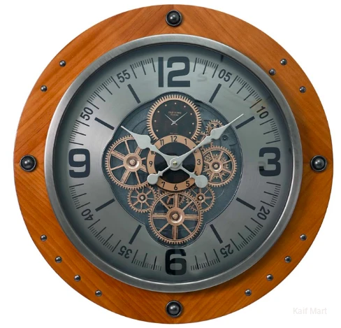 Vintage Industrial Gear Wall Clock with Wooden Frame & Metallic Dial – 58cm Large Decorative Clock