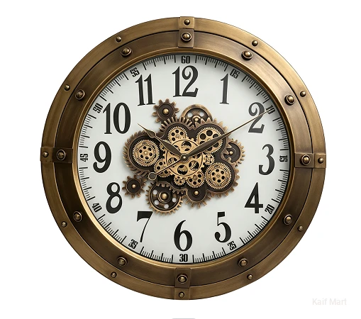 Large Industrial Metal Gear Wall Clock 80cm – Antique Brass Porthole Style Decorative Wall Clock