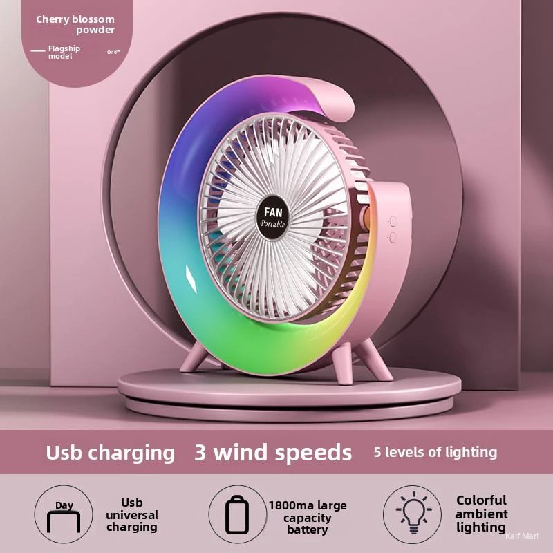 Mini Desktop USB Rechargeable Fan with Colorful Lights for Camping and Summer Use