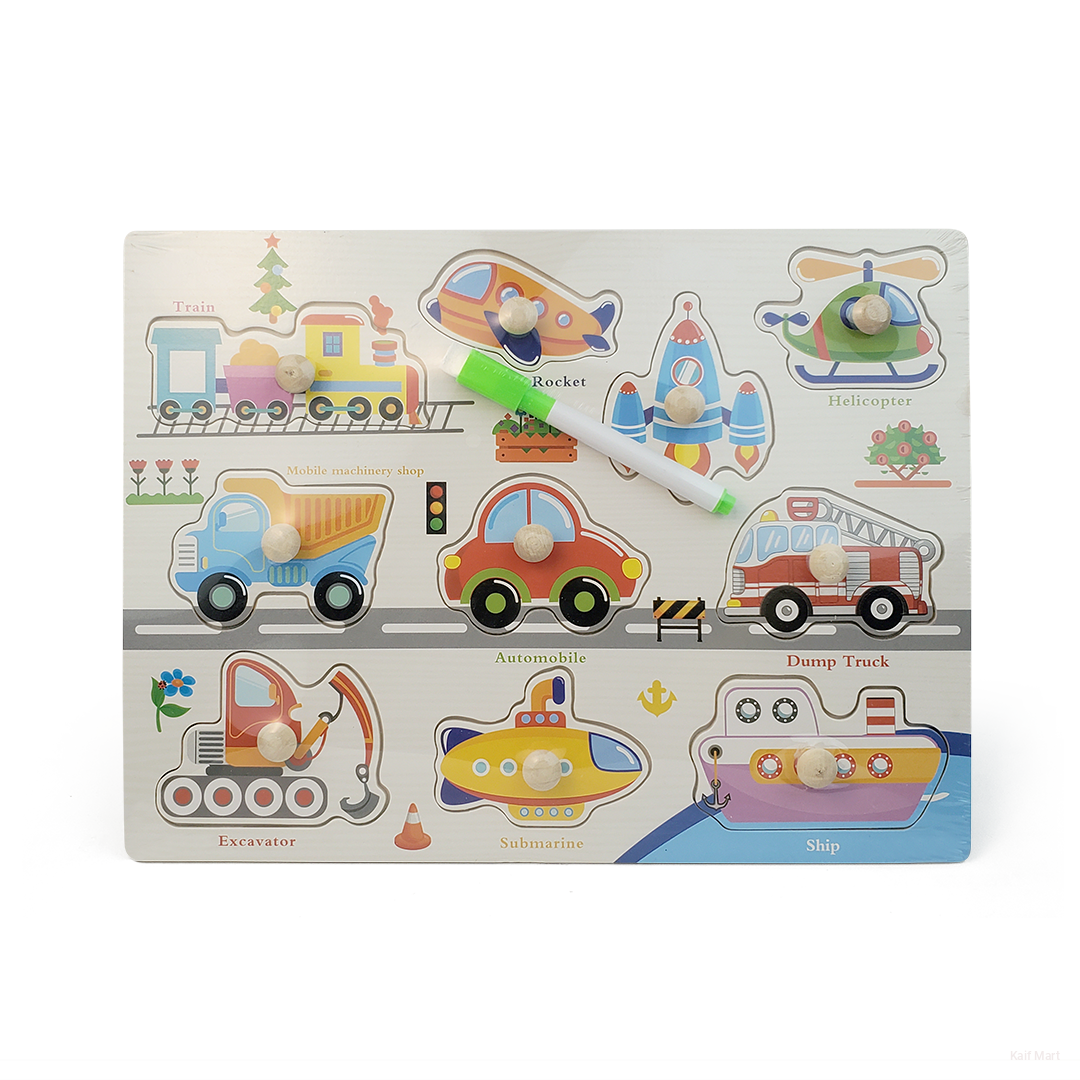 Wooden Puzzle 2in1 Board with Pen Mini Sketchpad for Kids - Vehicles