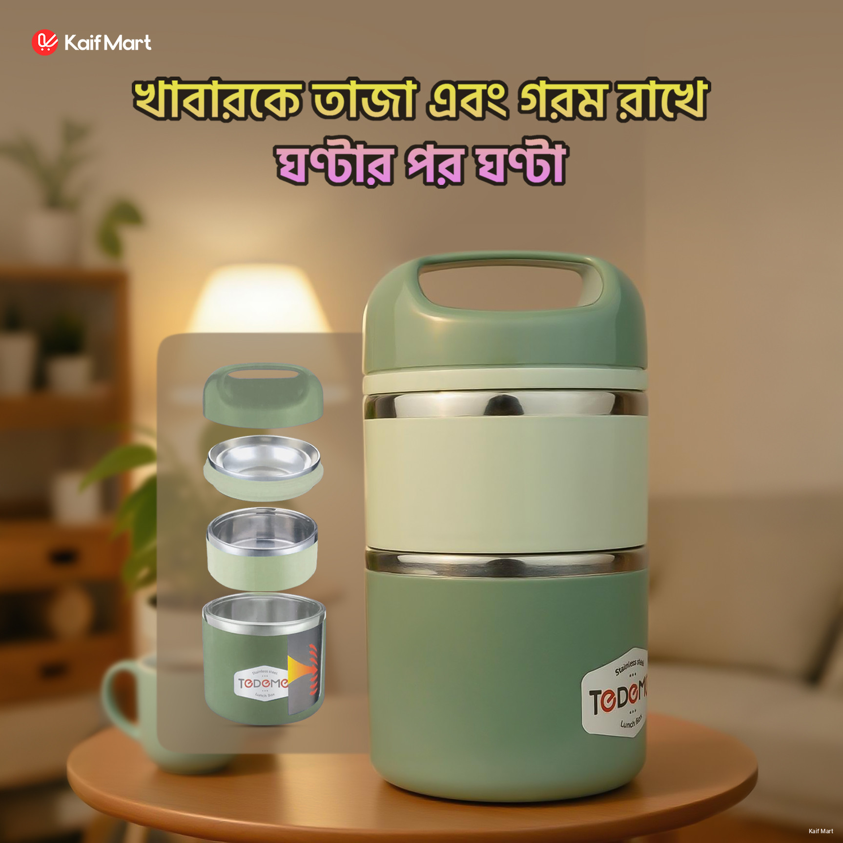 TEDEMEI Stainless Steel 2.5 Layers Lunch Box - 1.13L -  Blue