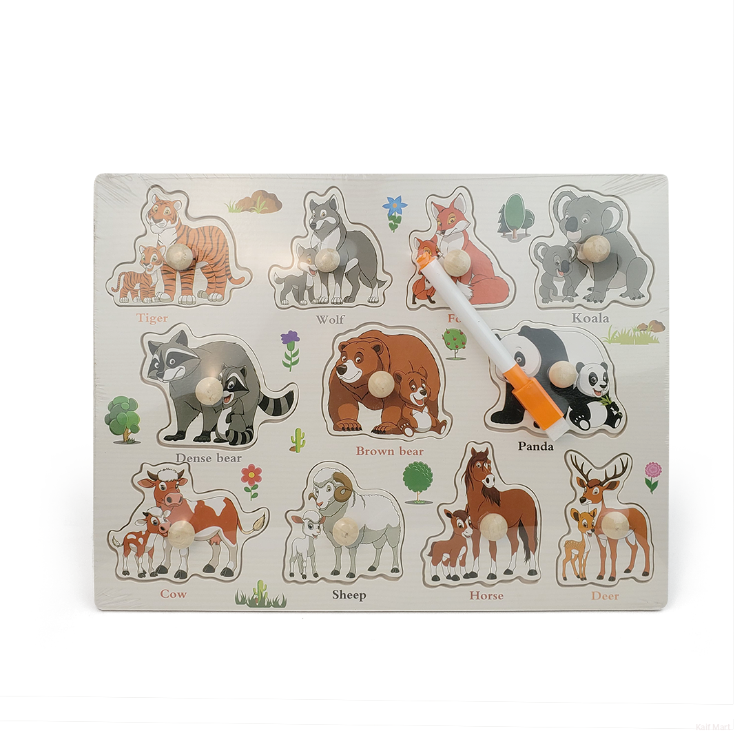 Wooden Puzzle 2in1 Board with Pen Mini Sketchpad for Kids - Animals