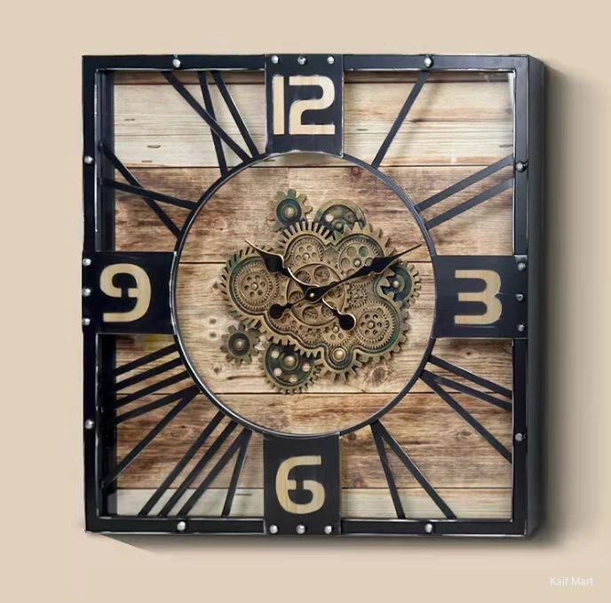 Square Industrial Wood & Metal Gear Wall Clock 75.5cm – Vintage Rustic Steampunk Decorative Wall Clock