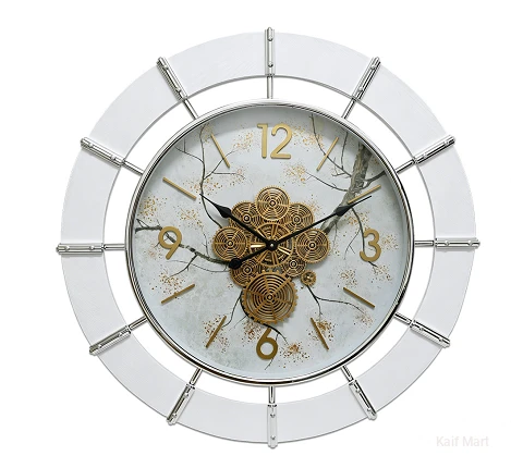 Modern Industrial Gear Wall Clock with White Frame & Gold Accents – 80cm Large Metal Decorative Clock