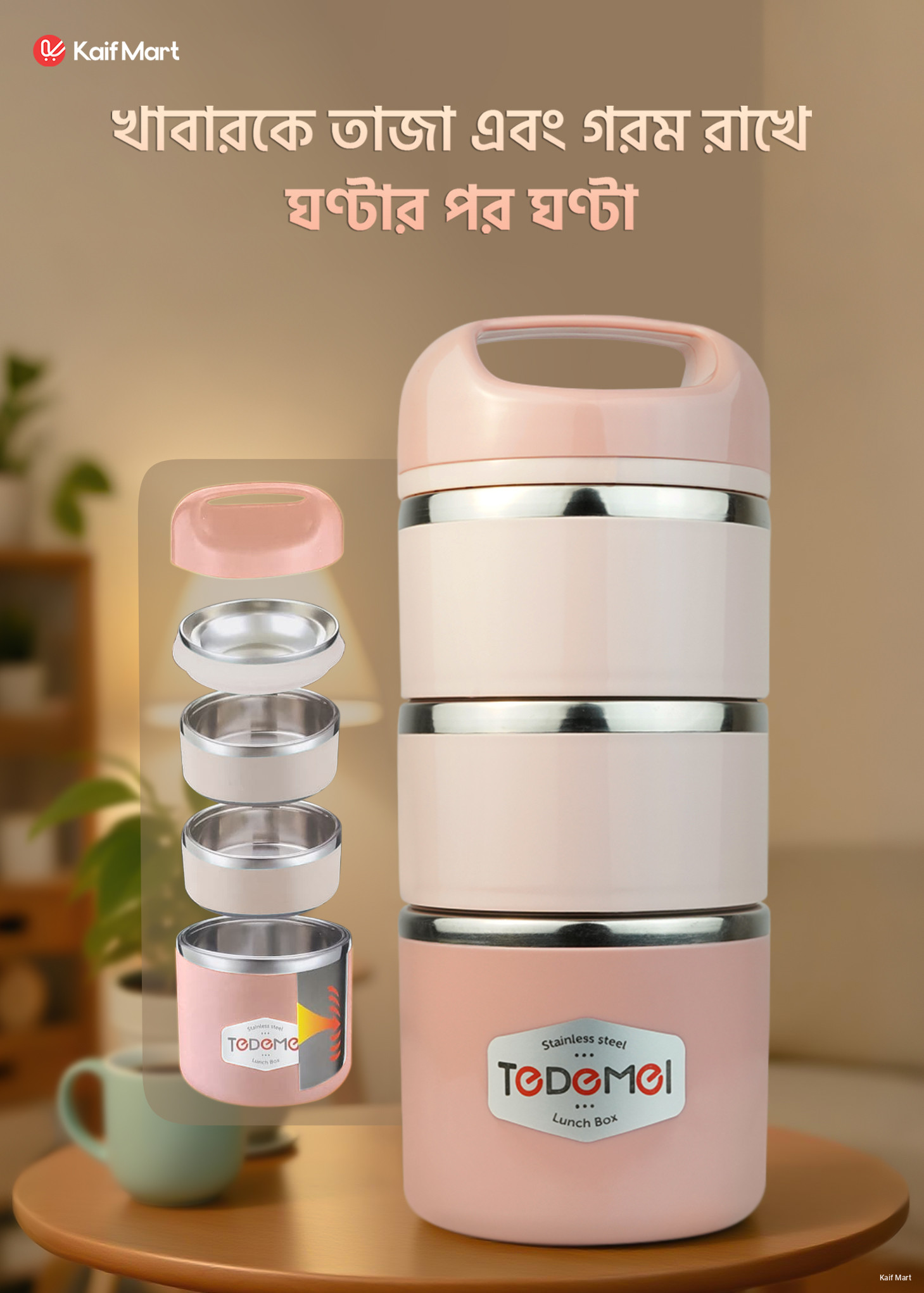 TEDEMEI স্টেইনলেস স্টিল ৩.৫ লেয়ার লাঞ্চ বক্স - ১৪৩০ মিলি - পিঙ্ক